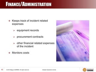 FINANCE/ADMINISTRATION


Keeps track of incident related
expenses



43

procurement contracts





equipment records

other financial related expenses
of the incident

Monitors costs

 