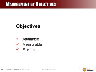 MANAGEMENT BY OBJECTIVES

Objectives
 Attainable
 Measurable
 Flexible

44

 