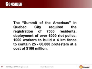 CONSIDER

The “Summit of the Americas” in
Quebec
City
required
the
registration of 7500 residents,
deployment of over 6000 riot police,
1000 workers to build a 4 km fence
to contain 25 - 60,000 protesters at a
cost of $100 million.

57

 