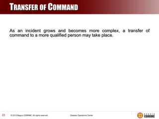 TRANSFER OF COMMAND
As an incident grows and becomes more complex, a transfer of
command to a more qualified person may ta...