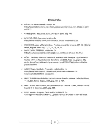 Bibliografía.
CÓDIGO DE PROCEDIMIENTO CIVIL. En.
http://alcaldiademonteria.tripod.com/codigos/civil/procivi2.htm. Citado en abril
del 2013.

Corte Suprema de Justicia, auto, junio 10 de 1940, pág. 708.

DERECHO.COM, Conceptos Jurídicos. En
http://www.derecho.com/c/Litisconsorcio. Citado en abril del 2013.

ESCUDEREO Álzate y María Cristina. Practica general del proceso. 15ª. Ed. Editorial
LEYER, Bogotá, 2005. Pág. 22, 23, 24, 25, 26, 27.
FACULTAD DE DERECHO. Incidentes. En:
http://facultaddederecho.es.tl/Excepciones.htm Citado en Abril del 2013.

GÓMEZ de Liaño, Fernando: La nulidad en el Borrador de Ley de Enjuiciamiento
Civil de 1997, en Revista Justicia, Barcelona, año 1998, Nros. 1-2, páginas 39 y
40. En: http://forodelderecho.blogcindario.com/2007/12/00035-las-nulidades-
procesales.html

GOMEZ Negia. Nulidades Procesales en Colombia. En:
http://www.buenastareas.com/ensayos/Nulidades-Procesales-En-
Colombia/1841408.html. Marzo 2011

LOPEZ BLANCO Hernán Fabio, Instituciones de derecho procesal civil colombiano,
4ª ed., Edit. Temis. Bogotá, 1985, pag.448 –a -454.

LOPEZ Blanco Hernán Fabio, Procedimiento Civil. Editorial DUPRE, Décima Edición.
Bogotá D. C- Colombia, 2009, pág. 923.

PEREZ Méndez Artagnan. Derecho Procesal Civil 2. En:
www.cgproyectos.com/catedras/.../procesalcivil02.rtf Citado en abril del 2013.




                                     33
 