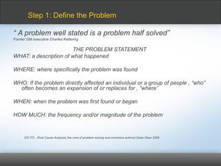 “ A problem well stated is a problem half solved”
Former GM executive Charles Kettering
THE PROBLEM STATEMENT
WHAT: a description of what happened
WHERE: where specifically the problem was found
WHO: If the problem directly affected an individual or a group of people , “who’’
often becomes an expansion of or replaces for , “where”
WHEN: when the problem was first found or began
HOW MUCH: the frequency and/or magnitude of the problem
DO IT2…Root Cause Analysis( the core of problem solving and corrective actions) Duke Okes 2009
Step 1: Define the Problem
 