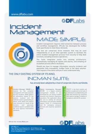 www.dflabs.com



 Incident
 Management
                                                          MADE SIMPLE
                                                          Incident management requires interconnection between process
                                                          and workflow management. DFLabs has developed the IncMan
                                                          Suite specifically to meet these demands.
                                                          This tool set comprises three modules that may be used
                                                          independently or as an inter-operable system to facilitate the
                                                          entire incident management process from security to help desk
                                                          functions, including forensics operations.
                                                          The Suite integrates easily into existing architecture,
                                                          automatically managing all signals and alarms, and initiating an
                                                          escalation process where necessary.
                                                          Should you have to manage information security incidents and
                                                          guarantee fully traceability, IncMan Suite is the ideal solution.
                                                          Just request a free demo and you’ll soon understand why.

THE ONLY EXISTING SYSTEM OF ITS KIND,
                                             INCMAN SUITE
                                                 has already been adopted by a host of corporate clients worldwide.

                     Incident Manager (IMAN) is a                                         Digital Investigation Manager                         ITILITY is the third module and
  Incident Manager




                                                          Digital Investigation Manager




                                                                                                                               ITILity Module




                     module for the complete                                              (D.I.M)    is a digital evidence                      perfect complement to the Suite. It
                     management of IT and corporate                                       management module. It was                             is dedicated to troubleshooting and
                     security incidents. IMAN gathers                                     developed for use during incident                     help desk functions for companies
                     all information related to the                                       response and forensic acquisition                     who need to manage IT incidents in
                     systems involved and the                                             operations. The application allows                    compliance with the ITIL standard.
                     methods used in perpetrating an                                      the user to catalog all relevant
                     attack, tracks direct and indirect                                   information and generate detailed
                     costs incurred as a result of the                                    reports. D.I.M. is a fundamental
                     incident,      and      generates                                    tool for managing computer
                     multilevel reports compliant with                                    forensics and response operations
                     the most rigorous international                                      flows.
                     standards.




Official site: incman.dflabs.com


          DFLABS s.r.l.
          Rep. Office: Corso Magenta 43 - 20123 Milano, Italy
          Labs: Via delle Macchinette 27 - 26013 Crema (CR), Italy
          Email: info@dflabs.com
 