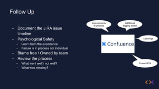 Follow Up
- Document the JIRA issue
timeline
- Psychological Safety
- Learn from the experience
- Failure is in process not individual
- Blame free / Owned by team
- Review the process
- What went well / not well?
- What was missing?
Improvements
to process
Additional
logging added
Learnings
Create RCA
 
