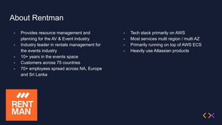 About Rentman
- Provides resource management and
planning for the AV & Event industry
- Industry leader in rentals management for
the events industry
- 10+ years in the events space
- Customers across 75 countries
- 70+ employees spread across NA, Europe
and Sri Lanka
- Tech stack primarily on AWS
- Most services multi region / multi AZ
- Primarily running on top of AWS ECS
- Heavily use Atlassian products
 