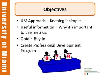 University of Miami
University of Miami
                                    Objectives

                      • UM Approach – Keeping it simple
                      • Useful information – Why it’s important
                        to use metrics.
                      • Obtain Buy-in
                      • Create Professional Development
                        Program



                                                                  2
 