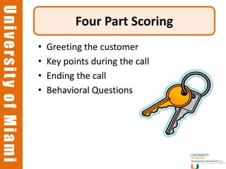 University of Miami
University of Miami
                                 Four Part Scoring
                      •   Greeting the customer
                      •   Key points during the call
                      •   Ending the call
                      •   Behavioral Questions




                                                       22
 