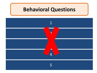 Behavioral Questions

                 1
  Answered all caller’s questions

                   2
   Attitude positive and friendly

     Speak audibly and clearly
                 3

                   4
Apologize for inconveniences caused

                5
    Courteous and empathetic
 