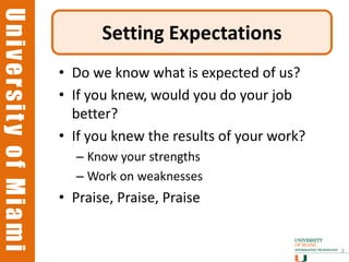 University of Miami
University of Miami
                             Setting Expectations
                      • Do we know what is expected of us?
                      • If you knew, would you do your job
                        better?
                      • If you knew the results of your work?
                        – Know your strengths
                        – Work on weaknesses
                      • Praise, Praise, Praise


                                                                3
 