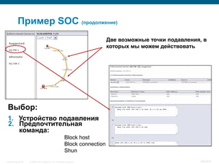 Пример SOC (продолжение)
                                                                           Две возможные точки подавления, в
                                                                           которых мы можем действовать




 Выбор:
 1. Устройство подавления
 2. Предпочтительная
    команда:
                                                        Block host
                                                        Block connection
                                                        Shun
InfoSecurity 2008   © 2008 Cisco Systems, Inc. All rights reserved.                                       403/431
 