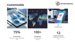 Customizable
Reports
75%
Time Saved
Reduction in report generation
time
100+
Templates
Pre-built report
formats
12
Export Formats
Including PDF, Excel, and
CSV
 