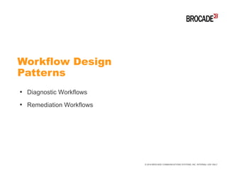 ●
Diagnostic Workflows
●
Remediation Workflows
Workflow Design
Patterns
© 2016 BROCADE COMMUNICATIONS SYSTEMS, INC. INTERNAL USE ONLY
 