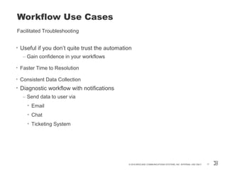 Workflow Use Cases
Facilitated Troubleshooting
• Useful if you don’t quite trust the automation
– Gain confidence in your workflows
• Faster Time to Resolution
• Consistent Data Collection
• Diagnostic workflow with notifications
– Send data to user via
• Email
• Chat
• Ticketing System
© 2016 BROCADE COMMUNICATIONS SYSTEMS, INC. INTERNAL USE ONLY 17
 