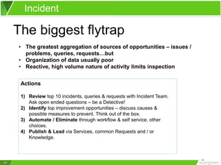 14
Incident
• The greatest aggregation of sources of opportunities – issues /
problems, queries, requests…but
• Organization of data usually poor
• Reactive, high volume nature of activity limits inspection
The biggest flytrap
Actions
1) Review top 10 incidents, queries & requests with Incident Team.
Ask open ended questions – be a Detective!
2) Identify top improvement opportunities – discuss causes &
possible measures to prevent. Think out of the box.
3) Automate / Eliminate through workflow & self service, other
choices.
4) Publish & Lead via Services, common Requests and / or
Knowledge.
 