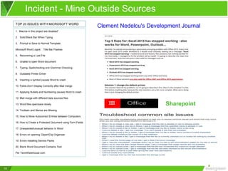 15
Incident - Mine Outside Sources
1. Macros in this project are disabled”
2. Solid Black Bar When Typing
3. Prompt to Save to Normal Template
Microsoft Word Logo4. Title Bar Flashes
5. Recovering a Lost File
6. Unable to open Word document
7. Typing, Spellchecking and Grammar Checking
8. Outdated Printer Driver
9. Inserting a symbol causes Word to crash
10. Fields Don’t Display Correctly after Mail merge
11. Applying Bullets and Numbering causes Word to crash
12. Mail merge with different data sources files
13. Word files open/save slowly
14. Toolbars and Menus are Missing
15. How to Move Autocorrect Entries between Computers
16. How to Create a Protected Document using Form Fields
17. Unexpected/unusual behavior in Word
18. Errors on opening Clipart/Clip Organizer
19. Errors installing Service Packs
20. Blank Word Document Contains Text
Per TechiWarehouse.com
TOP 20 ISSUES WITH MICROSOFT WORD
Clement Nedelcu's Development Journal
Sharepoint
 
