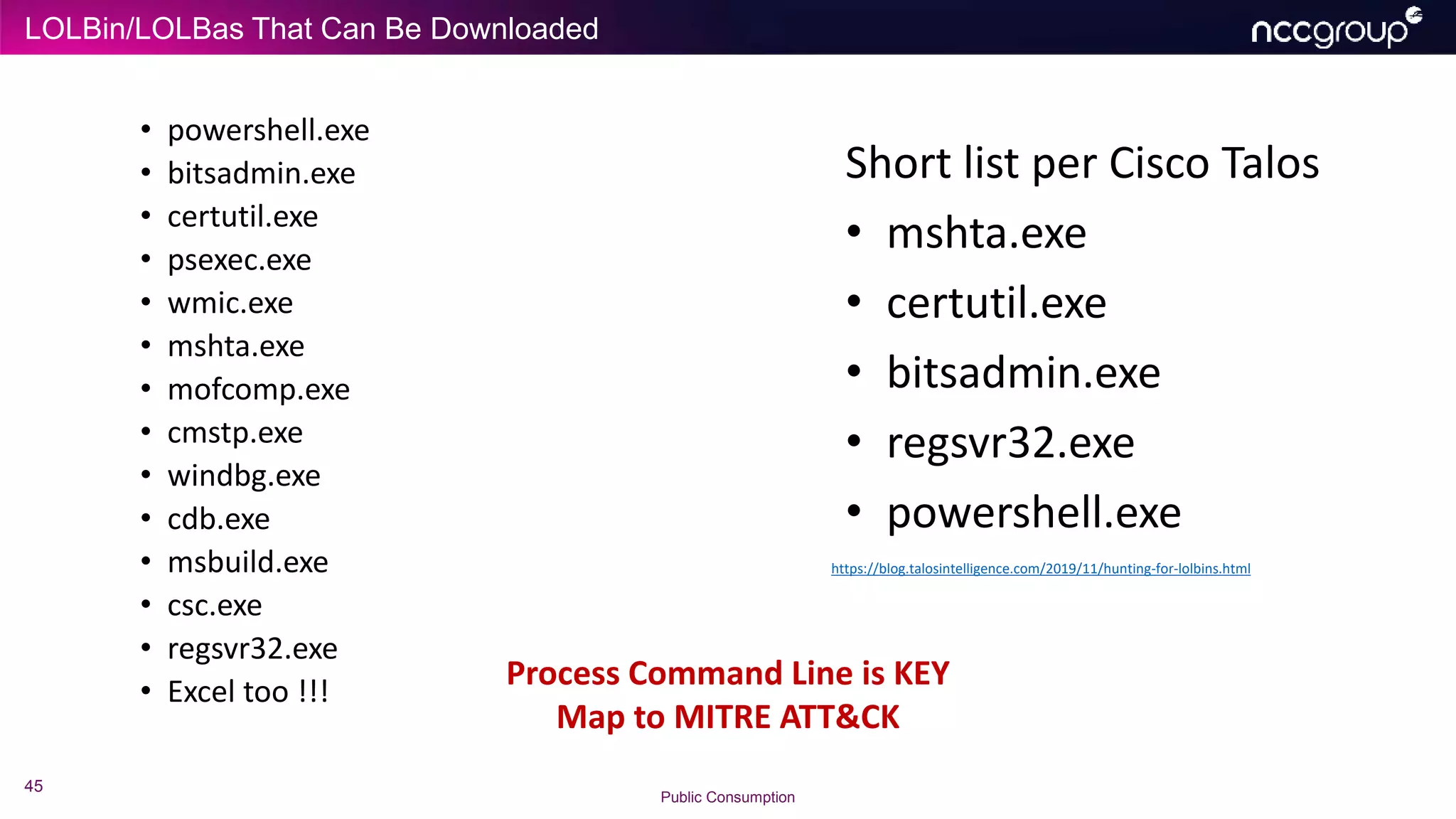 LOLBin/LOLBas That Can Be Downloaded
45
Public Consumption
• powershell.exe
• bitsadmin.exe
• certutil.exe
• psexec.exe
• wmic.exe
• mshta.exe
• mofcomp.exe
• cmstp.exe
• windbg.exe
• cdb.exe
• msbuild.exe
• csc.exe
• regsvr32.exe
• Excel too !!!
Short list per Cisco Talos
• mshta.exe
• certutil.exe
• bitsadmin.exe
• regsvr32.exe
• powershell.exe
https://blog.talosintelligence.com/2019/11/hunting-for-lolbins.html
Process Command Line is KEY
Map to MITRE ATT&CK
 