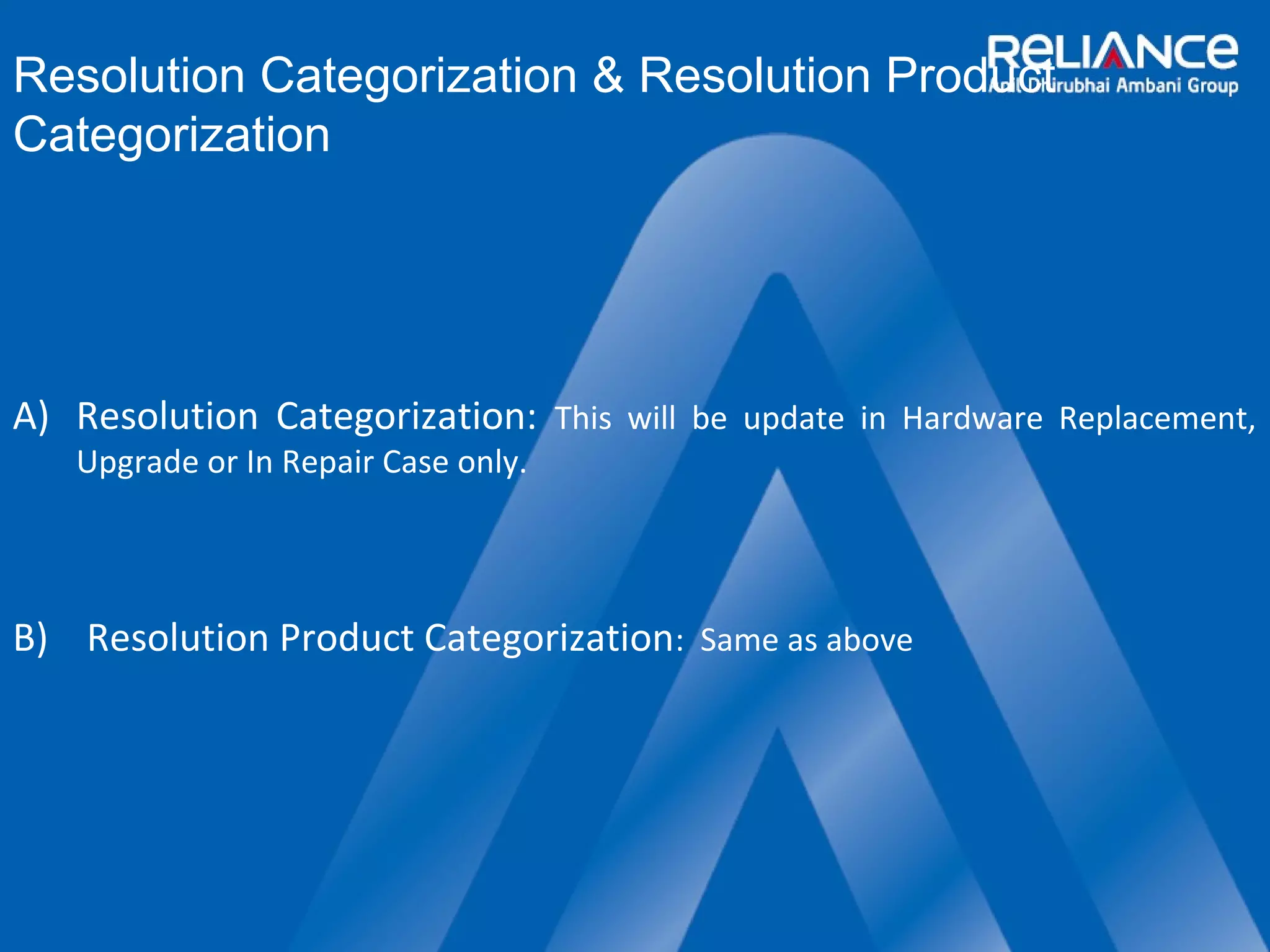 Resolution Categorization & Resolution Product 
Categorization 
A) Resolution Categorization: This will be update in Hardware Replacement, 
Upgrade or In Repair Case only. 
B) Resolution Product Categorization: Same as above 
 
