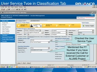 User Service Type in Classification Tab 
Checked the User 
Service Type 
User Service Type on the basis of Summary 
Mentioned the FT 
Number if you have 
received the Call for 
External Customer or 
ALUMS Project 
 