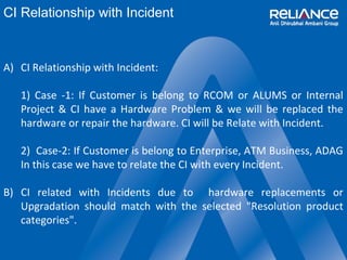 CI Relationship with Incident 
A) CI Relationship with Incident: 
1) Case -1: If Customer is belong to RCOM or ALUMS or Internal 
Project & CI have a Hardware Problem & we will be replaced the 
hardware or repair the hardware. CI will be Relate with Incident. 
2) Case-2: If Customer is belong to Enterprise, ATM Business, ADAG 
In this case we have to relate the CI with every Incident. 
B) CI related with Incidents due to hardware replacements or 
Upgradation should match with the selected "Resolution product 
categories". 
 