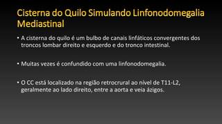 • A cisterna do quilo é um bulbo de canais linfáticos convergentes dos
troncos lombar direito e esquerdo e do tronco intestinal.
• Muitas vezes é confundido com uma linfonodomegalia.
• O CC está localizado na região retrocrural ao nível de T11-L2,
geralmente ao lado direito, entre a aorta e veia ázigos.
 
