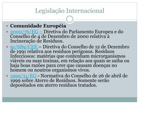 Legislação Internacional
y Comunidade Européia
y 2000/76/EG – Diretiva do Parlamento Europeu e do

Conselho de 4 de Dezembro de 2000 relativa à
Incineração de Resíduos.
y 91/689/CEE – Diretiva do Conselho de 12 de Dezembro
de 1991 relativa aos resíduos perigosos. Resíduos
Infecciosos: matérias que contenham microrganismos
viáveis ou suas toxinas, em relação aos quais se saiba ou
haja boas razões para crer que causam doenças no
homem ou noutros organismos vivos.
y 1999/31/EG - Normativa do Conselho de 26 de abril de
1999 sobre Aterro de Resíduos. Somente serão
depositados em aterro resíduos tratados.

 
