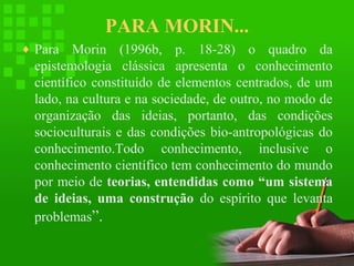 PARA MORIN...
♦ Para

Morin (1996b, p. 18-28) o quadro da
epistemologia clássica apresenta o conhecimento
científico constituído de elementos centrados, de um
lado, na cultura e na sociedade, de outro, no modo de
organização das ideias, portanto, das condições
socioculturais e das condições bio-antropológicas do
conhecimento.Todo conhecimento, inclusive o
conhecimento científico tem conhecimento do mundo
por meio de teorias, entendidas como “um sistema
de ideias, uma construção do espírito que levanta
problemas”.

 