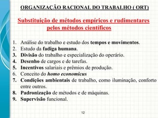 12
ORGANIZAÇÃO RACIONAL DO TRABALHO ( ORT)
1. Análise do trabalho e estudo dos tempos e movimentos.
2. Estudo da fadiga humana.
3. Divisão do trabalho e especialização do operário.
4. Desenho de cargos e de tarefas.
5. Incentivos salariais e prêmios de produção.
6. Conceito do homo economicus
7. Condições ambientais de trabalho, como iluminação, conforto
entre outros.
8. Padronização de métodos e de máquinas.
9. Supervisão funcional.
Substituição de métodos empíricos e rudimentares
pelos métodos científicos
 