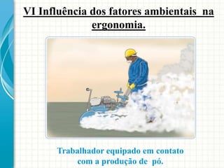 VI Influência dos fatores ambientais na
ergonomia.
Trabalhador equipado em contato
com a produção de pó.
 