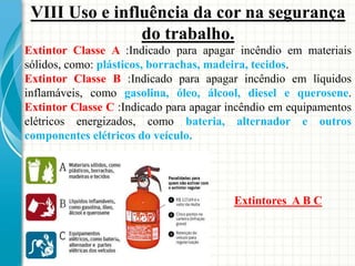 VIII Uso e influência da cor na segurança
do trabalho.
Extintor Classe A :Indicado para apagar incêndio em materiais
sólidos, como: plásticos, borrachas, madeira, tecidos.
Extintor Classe B :Indicado para apagar incêndio em líquidos
inflamáveis, como gasolina, óleo, álcool, diesel e querosene.
Extintor Classe C :Indicado para apagar incêndio em equipamentos
elétricos energizados, como bateria, alternador e outros
componentes elétricos do veículo.
Extintores A B C
 