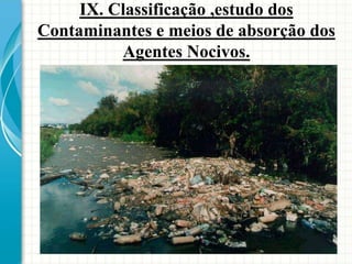 IX. Classificação ,estudo dos
Contaminantes e meios de absorção dos
Agentes Nocivos.
 