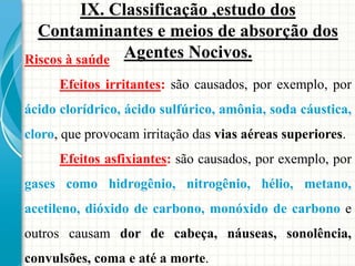 Riscos à saúde
Efeitos irritantes: são causados, por exemplo, por
ácido clorídrico, ácido sulfúrico, amônia, soda cáustica,
cloro, que provocam irritação das vias aéreas superiores.
Efeitos asfixiantes: são causados, por exemplo, por
gases como hidrogênio, nitrogênio, hélio, metano,
acetileno, dióxido de carbono, monóxido de carbono e
outros causam dor de cabeça, náuseas, sonolência,
convulsões, coma e até a morte.
IX. Classificação ,estudo dos
Contaminantes e meios de absorção dos
Agentes Nocivos.
 