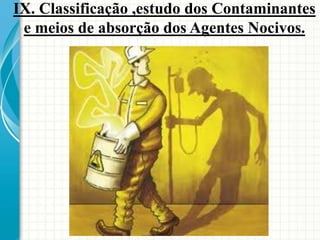 IX. Classificação ,estudo dos Contaminantes
e meios de absorção dos Agentes Nocivos.
 