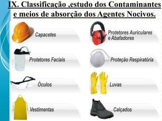 IX. Classificação ,estudo dos Contaminantes
e meios de absorção dos Agentes Nocivos.
 