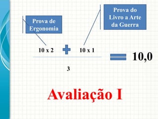 10,0
Prova do
Livro a Arte
da Guerra
10 x 110 x 2
3
Prova de
Ergonomia
Avaliação I
 