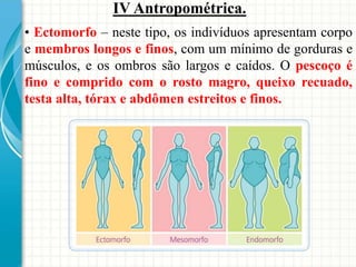 IV Antropométrica.
• Ectomorfo – neste tipo, os indivíduos apresentam corpo
e membros longos e finos, com um mínimo de gorduras e
músculos, e os ombros são largos e caídos. O pescoço é
fino e comprido com o rosto magro, queixo recuado,
testa alta, tórax e abdômen estreitos e finos.
 