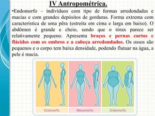 •Endomorfo – indivíduos com tipo de formas arredondadas e
macias e com grandes depósitos de gorduras. Forma extrema com
característica de uma pêra (estreita em cima e larga em baixo). O
abdômen é grande e cheio, sendo que o tórax parece ser
relativamente pequeno. Apresenta braços e pernas curtos e
flácidos com os ombros e a cabeça arredondados. Os ossos são
pequenos e o corpo tem baixa densidade, podendo flutuar na água, a
pele é macia.
IV Antropométrica.
 