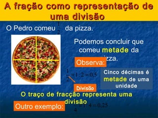 A fração como representação deA fração como representação de
uma divisãouma divisão
O Pedro comeu da pizza.
2
1
O traço de fracção representa uma
divisão
Podemos concluir que
comeu metade da
pizza.
Observa:
5,02:1
2
1
==
Outro exemplo: 25,04:1
4
1
==
Cinco décimas é
metade de uma
unidadeDivisão
 