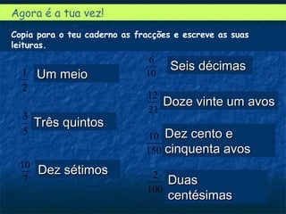 Copia para o teu caderno as fracções e escreve as suas
leituras.
2
1
5
3
7
10
10
6
21
12
150
10
Agora é a tua vez!
100
2
Um meioUm meio
Três quintosTrês quintos
Dez sétimosDez sétimos
Seis décimasSeis décimas
Doze vinte um avosDoze vinte um avos
Dez cento eDez cento e
cinquenta avoscinquenta avos
DuasDuas
centésimascentésimas
 