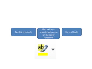 Cambia el tamaño
Marca el texto
seleccionado como
un marcador
florecente
Borra el texto
 