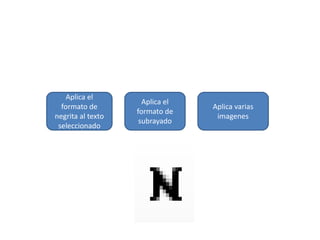 Aplica el
formato de
negrita al texto
seleccionado
Aplica el
formato de
subrayado
Aplica varias
imagenes
 