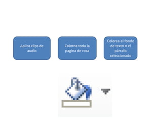 Aplica clips de
audio
Colorea toda la
pagina de rosa
Colorea el fondo
de texto o el
párrafo
seleccionado
 