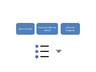 Borra los clips
Inicia una lista con
viñetas
Borra las
imagenes
 