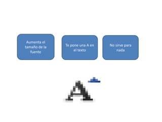 Aumenta el
tamaño de la
fuente
Te pone una A en
el texto
No sirve para
nada
 