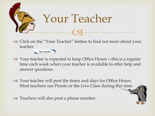 Your Teacher Click on the “Your Teacher” button to find out more about your teacher.  Your teacher is expected to keep Office Hours—this is a regular time each week when your teacher is available to offer help and answer questions.  Your teacher will post the times and days for Office Hours. Most teachers use Pronto or the Live Class during this time.  Teachers will also post a phone number. 
