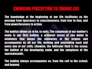 CHANGING PERCEPTION TO CHANGE LIFE
The knowledge at the beginning of our life facilitates us the
passage from ignorance to consciousness, from fear to love, and
from powerlessness to action.

The habitat allows us to be, to exist. The cytoplasm of our mother's
ovule is our first habitat, a primeval ocean of sea water in
miniature that keeps the memories of the origins and
accompanies us all our life, bathing and nourishing each and
every one of our cells. Likewise, the follicular fluid is the ocean,
the habitat of the developing ovule, and the cytoplasm of the
spermatozoids.

The habitat always accompanies us, from the cell to the school,
and beyond.
 
