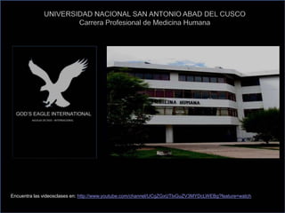 UNIVERSIDAD NACIONAL SAN ANTONIO ABAD DEL CUSCO
Carrera Profesional de Medicina Humana
Encuentra las videosclases en: http://www.youtube.com/channel/UCgZGxUTlxGuZV3MYDcLWEBg?feature=watch
 