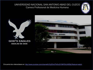 UNIVERSIDAD NACIONAL SAN ANTONIO ABAD DEL CUZCO
Carrera Profesional de Medicina Humana
Encuentra las videosclases en: http://www.youtube.com/channel/UCgZGxUTlxGuZV3MYDcLWEBg?feature=watch
 