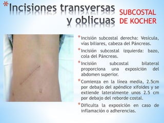 *
*Incisión subcostal derecha: Vesícula,
vías biliares, cabeza del Páncreas.
*Incisión subcostal izquierda: bazo,
cola del Páncreas.
*Incisión subcostal bilateral
proporciona una exposición del
abdomen superior.
*Comienza en la línea media, 2.5cm
por debajo del apéndice xifoides y se
extiende lateralmente unos 2.5 cm
por debajo del reborde costal.
*Dificulta la exposición en caso de
inflamación o adherencias.
SUBCOSTAL
DE KOCHER
 