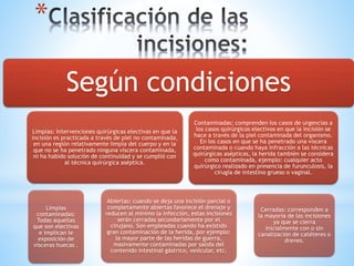 *
Según condiciones
Limpias: Intervenciones quirúrgicas electivas en que la
incisión es practicada a través de piel no contaminada,
en una región relativamente limpia del cuerpo y en la
que no se ha penetrado ninguna víscera contaminada,
ni ha habido solución de continuidad y se cumplió con
al técnica quirúrgica aséptica.
Limpias
contaminadas:
Todas aquellas
que son electivas
e implican le
exposición de
vísceras huecas .
Abiertas: cuando se deja una incisión parcial o
completamente abiertas favorece el drenaje y
reducen al mínimo la infección, estas incisiones
serán cerradas secundariamente por el
cirujano. Son empleadas cuando ha existido
gran contaminación de la herida, por ejemplo:
la mayor parte de las heridas de guerra,
masivamente contaminadas por salida del
contenido intestinal gástrico, vesicular, etc.
Contaminadas: comprenden los casos de urgencias a
los casos quirúrgicos electivos en que la incisión se
hace a través de la piel contaminada del organismo.
En los casos en que se ha penetrado una víscera
contaminada o cuando haya infracción a las técnicas
quirúrgicas asépticas, la herida también se considera
como contaminada, ejemplo: cualquier acto
quirúrgico realizado en presencia de furunculosis, la
cirugía de intestino grueso o vaginal.
Cerradas: corresponden a
la mayoría de las incisiones
ya que se cierra
inicialmente con o sin
canalización de catéteres o
drenes.
 