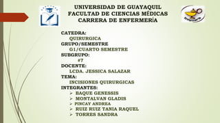 UNIVERSIDAD DE GUAYAQUIL
FACULTAD DE CIENCIAS MÉDICAS
CARRERA DE ENFERMERÍA
CATEDRA:
QUIRURGICA
GRUPO/SEMESTRE
G1/CUARTO SEMESTRE
SUBGRUPO:
#7
DOCENTE:
LCDA. JESSICA SALAZAR
TEMA:
INCISIONES QUIRURGICAS
INTEGRANTES:
 BAQUE GENESSIS
 MONTALVAN GLADIS
 PINCAY ANDREA
 RUIZ RUIZ TANIA RAQUEL
 TORRES SANDRA
 
